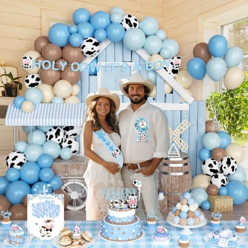 Costova Cow Baby Shower Decorations for Boys, Blue Cow Baby Shower Decorations, Holy Cow We Are Having a Baby Backdrop Balloon Box Tablecloth Sash Pin for Cow Print Baby Shower Gender Reveal - Image 6