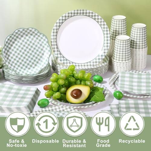 Funnymoom 250 Pcs Sage Green Gingham Paper Plates and Napkins Cups Serve 50 - Image 4