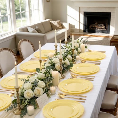 Tinybee 60PCS Yellow Plastic Plates - Heavy Duty Yellow Disposable Plates - Image 5