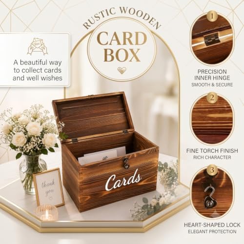 mwater Rustic Wooden Wedding Card Box with Lock（ 10×10×6 inches - Image 4