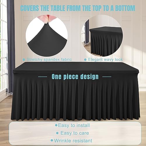 6 Packs Black Table Clothes for 6 Foot Rectangle Tables, Wrinkle Resistant Stretch Spandex Table Covers Fitted Tablecloth with Skirt for Event Banquet Wedding Birthday Party - Image 2