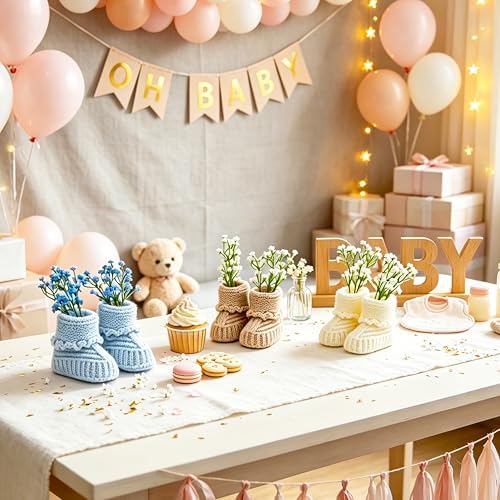 3 Sets Baby Shower Centerpieces, Knitted Booties with Artificial Flowers - Image 4