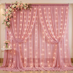 20ft x 10ft Dusty Rose Chiffon Backdrop Curtain with Lights String for Parties,4 Panels Sheer Tulle Curtain Wedding Backdrop for Baby Shower Birthday Party Ceremony Reception Home Decorations by Partisky