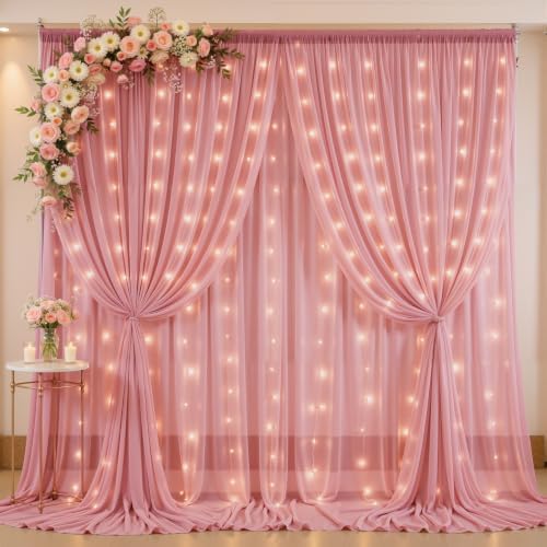 20ft x 10ft Dusty Rose Chiffon Backdrop Curtain with Lights String for Parties,4 Panels Sheer Tulle Curtain Wedding Backdrop for Baby Shower Birthday Party Ceremony Reception Home Decorations by Partisky