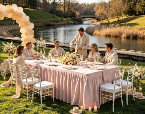 Pale Pink Tablecloth Rectangle Tables 6FT, Polyester Wrinkle Free Stretch Table Cloth 6ft Fitted Table Cover with Pleated Ruffle Skirt for Weddings Birthday Banquet Baby Shower - Image 2