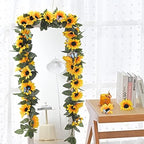 8 Pack Artificial Sunflower Garland Decor, Sunflower Vines Hanging Flowers Garland with Green Leaves, Fake Yellow Floral Vines Room Wedding Party Decoration - Image 4