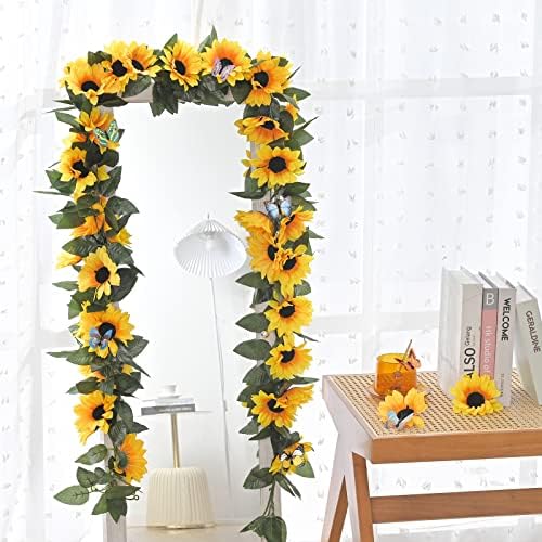 8 Pack Artificial Sunflower Garland Decor, Sunflower Vines Hanging Flowers Garland with Green Leaves, Fake Yellow Floral Vines Room Wedding Party Decoration - Image 4