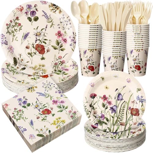 400 Pcs Wild Floral Disposable Paper Plates Napkins Cups Serve 50 Watercolor Floral Tableware Set for Spring Wedding Tea Party Decoration Bridal Shower Baby Shower (Fresh Color,Vivid Style) by Sunnychicc