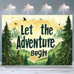 Rustic Hand Drawn Let The Adventure Begin Backdrop Sunset Mountain Pine Tree Forest Photo Background Open Book Birds Adventure Themed Boys 1st Birthday Camping Party Photography Booth Banner，B：8X6FT - Image 4