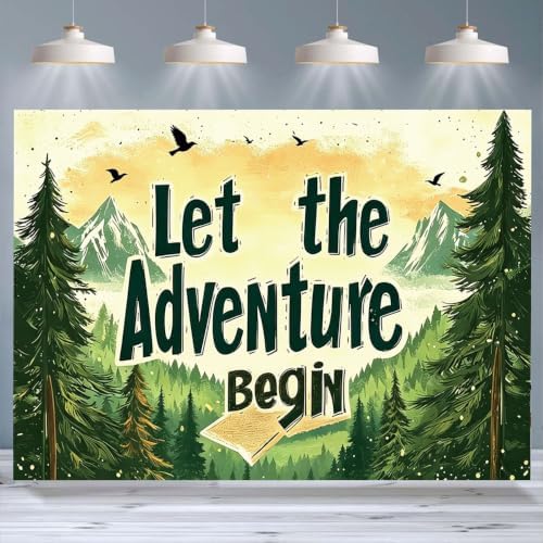 Rustic Hand Drawn Let The Adventure Begin Backdrop Sunset Mountain Pine Tree Forest Photo Background Open Book Birds Adventure Themed Boys 1st Birthday Camping Party Photography Booth Banner，B：9X6FT - Image 4
