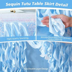 Wish Care 17ft Light Blue Sequin Table Skirt for Rectangle Tables Glitter Fringe Tutu Skirts Ruffle Ocean Tablecloth Teacher Desk Skirt for Birthday Baby Shower Baby Shark Party Cake Table Decor - Image 4