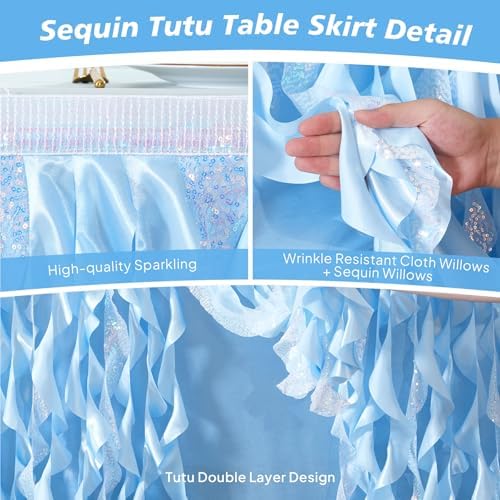 Wish Care 17ft Light Blue Sequin Table Skirt for Rectangle Tables Glitter Fringe Tutu Skirts Ruffle Ocean Tablecloth Teacher Desk Skirt for Birthday Baby Shower Baby Shark Party Cake Table Decor - Image 4