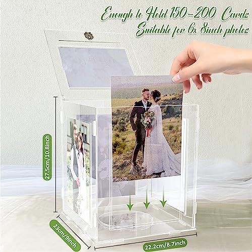 Acrylic Wedding Card Box with Picture Frame, Clear Gift Card Box for Wedding Reception, Large Rotatable Money Envelope Card Box Holder with Lock for Graduation Party Birthday Baby Shower - Image 3
