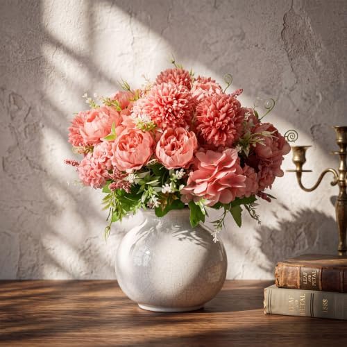 Tigeen 24 Bundles Artificial Flowers Bouquet Silk Peonies, Coral Red - Image 5