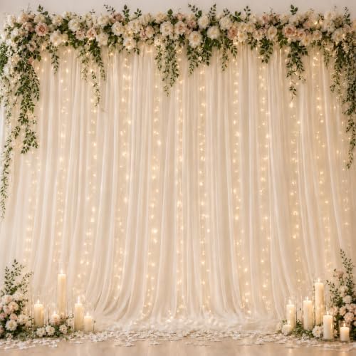 Ledido 10×8ft Beige Tulle Backdrop Curtains with Lights(6 Panels 5×8ft) by Ledido
