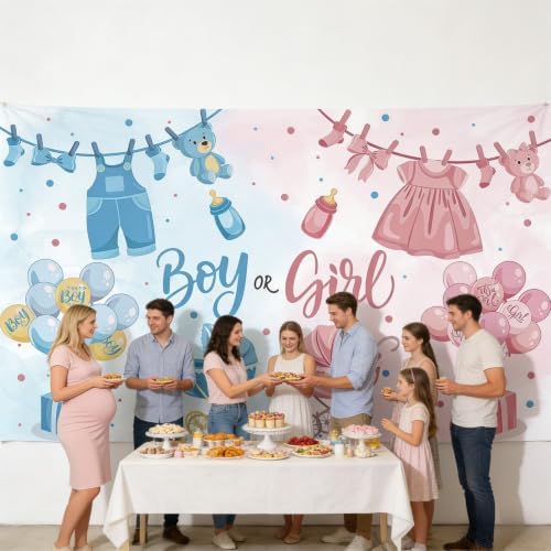 Watercolor Gender Reveal Backdrop Size 10x8 Ft Boy or Girl Pink & Blue Baby Clothes Design Gender Reveal Party Banner, Durable Polyester Photo Booth Background for Baby Shower Decorations - Image 2