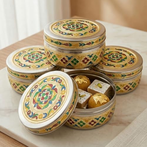 LOVENSPIRE Meenakari Stainless Steel Storage Box with Lid (500gm) Decorative Round Indian Food Container for Sweets, Kitchen Items & Return Gift Favors Pack of 4 by LOVENSPIRE
