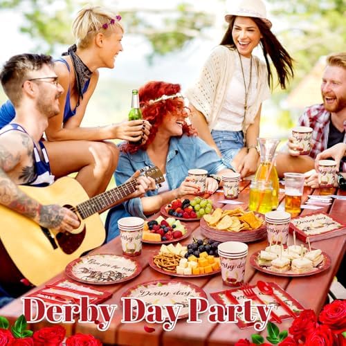 Funnymoom 400 Pcs Derby Run for The Roses Party Supplies, Horse Racing Paper Plates Napkins Cups Cutlery Set, Western Cowboy Disposable Dinnerware for Preakness Party Bridal Shower, Serves 50 Guests - Image 5