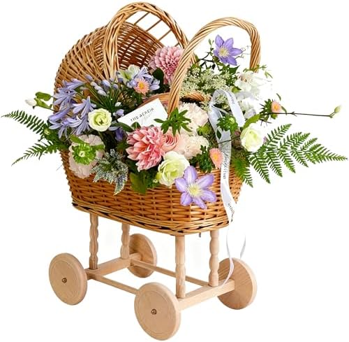 Woven Rattan Stroller Shaped Flower Basket, Vintage Wicker Baby Carriage Planter for Floral Arrangements, Baby Shower Wedding Party Decor, Photography Props, Floral Rustic Home Decor (Large Style B) - Image 3