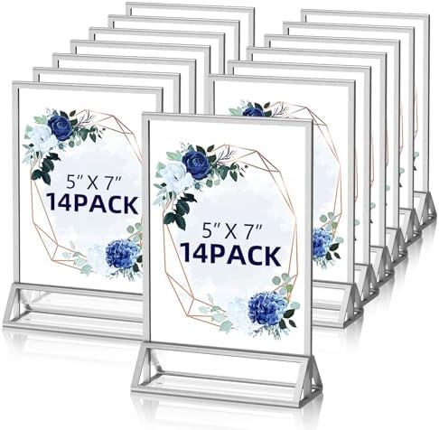 PPH-Sisy 5x7 Acrylic Sign Holder, 14 Pack Silver Picture Frames Table Top Sign Holders Flyer Menu Holder, Double-Sided Clear Photo Frames for Wedding Office Home Event by PPH-SisyPurchaseNow