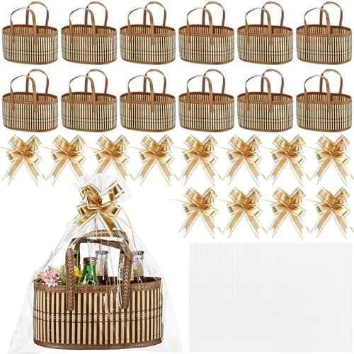 Reallnaive Baskets for Gifts Empty Sturdy Woven Bamboo Gift Basket with Gift Bags and Ribbons for Christmas Thanksgiving Birthday Mothers Day Housewarming Party Gift Wrapping, 12"x 8"x 6"(12 Set) by Reallnaive