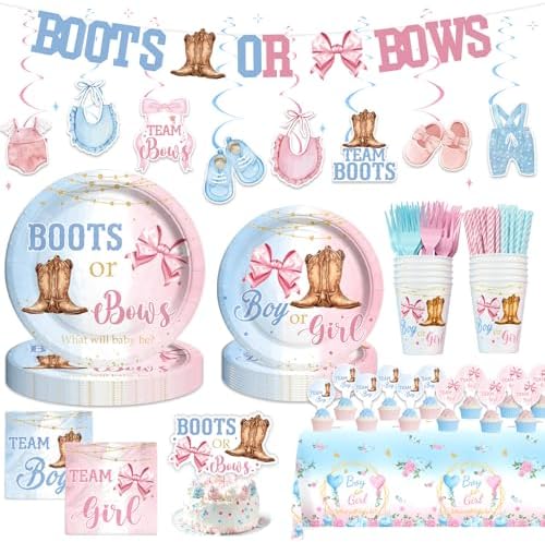 Boots or Bows Gender Reveal Party Supplies Tableware Set, 177 PCs Gender Reveal Table Decorations with Plates, Napkins, Forks, Banner, Tablecloths or Boys Or Girls Party Test Kit, Serves 24 by Fiesec