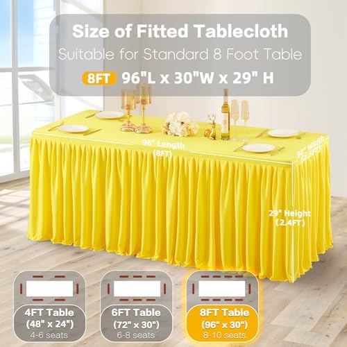 Wish Care Yellow Polyester Table Clothes for 8 Foot Rectangle Tables, Wrinkle Free Fitted Table Cover with Pleated Ruffle Table Skirt for Birthday Party Wedding Trade Show Event Display - Image 5