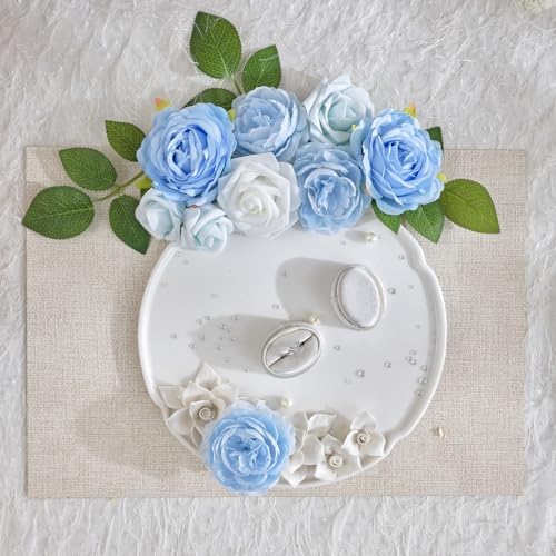 TINGE TIME 23pcs Artificial Wedding Flower Combo, Rose Peony Light Blue - Image 7