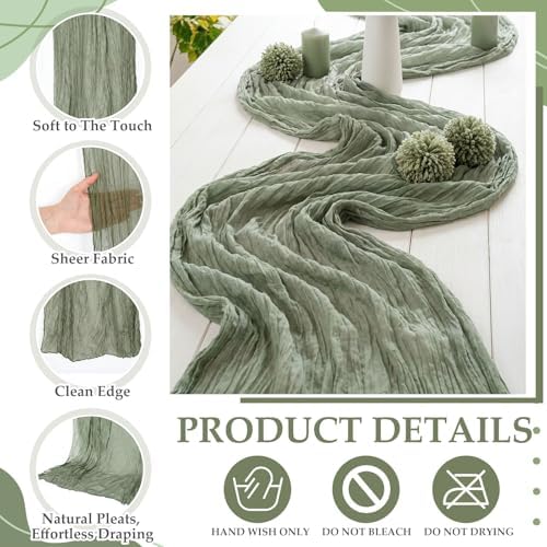6pcs Sage Green & Pink Cheesecloth Table Runners 118" Boho Gauze - Image 5