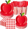 400 Pcs Back to School Party Supplies Serve 50, Apple Paper Plates Napkins Cups Apple Decoration Red Gingham Tableware Set for Last/First Day of School Party Supplies by Sunnychicc