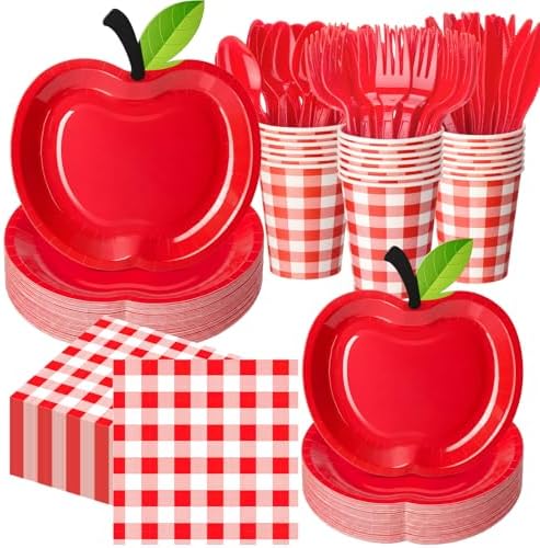400 Pcs Back to School Party Supplies Serve 50, Apple Paper Plates Napkins Cups Apple Decoration Red Gingham Tableware Set for Last/First Day of School Party Supplies by Sunnychicc