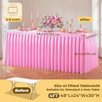 Pink Polyester Table Cloths for Rectangle 4 Foot Tables, 2 Pack Wrinkle Free Tablecloths Stretchy Banquet Ruffle Fitted Table Cover Desk Skirt for Parties Wedding Birthday Baby Shower - Image 5