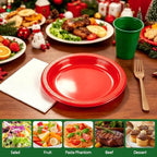 200pcs Red Green Gold Plastic Plates Party Supplies, Disposable 9’’ Red Dinner Plates and Napkins, Cups & Cutlery Plastic Dinnerware Set for Christmas, Holiday, Birthday, Serves 50 Guests - Image 3