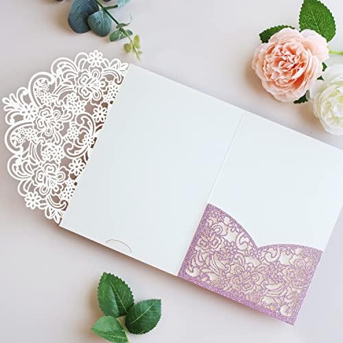 Hosmsua 50PCS Purple Glitter Wedding Invitation Pocket, 5.12 x 7.2 Laser Cut Lace Flora Quinceanera Invitation Pockets with Envelopes for Wedding Bridal Shower Quince Invite (No Inner Sheet) - Image 4