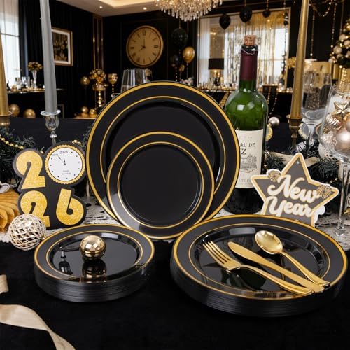 350 Pieces Black and Gold Plastic Plates with Disposable Silverware, Include 50 Dinner Plates 9”, 50 Dessert Plates 6.3”, 50 Black Cups 9 OZ, 50 Pre Rolled Napkins for Wedding/Party/Birthday/Halloween - Image 5