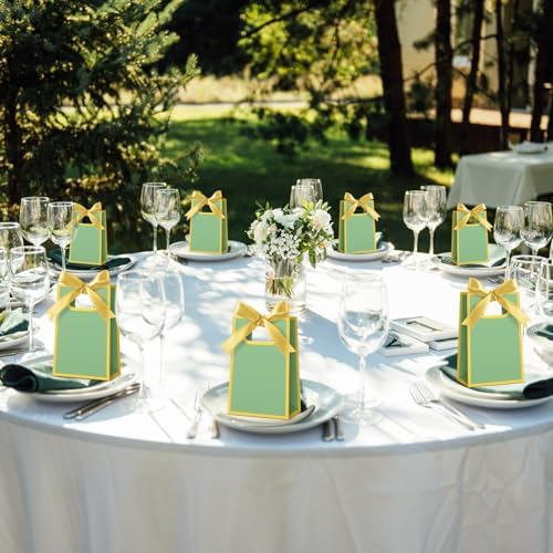 AmazingSpark 50 Pcs Sage Green Gold Mini Gift Bags Bulk 6.3 x 3.9 x 2.8 Inch Party Favors Elegant Small Gift Bags with Handles and Ribbon Bows for Wedding Birthday Bridal Baby Shower Party Favors - Image 2