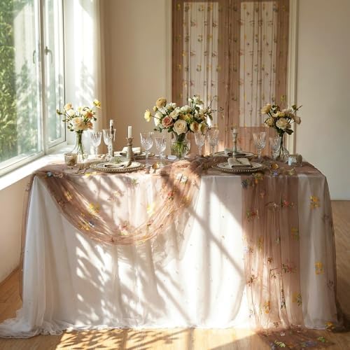 Floral Gauze Table Runner 10ft Embroidery Tulle Spring Wildflower Decor - Image 3