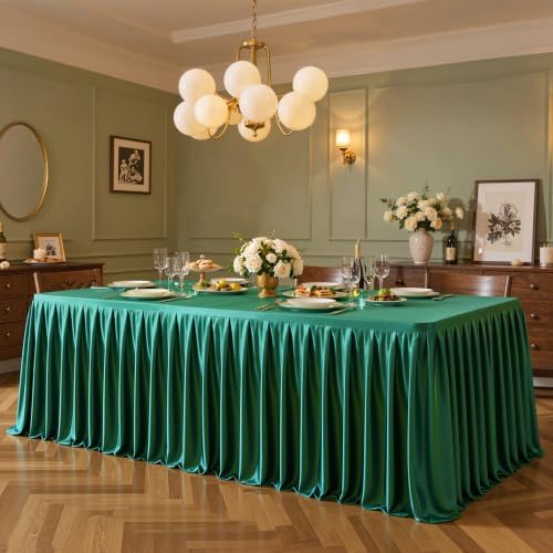 1 Pack Green Satin Tablecloths Rectangle 8FT, Glitter Spandex Fitted Stretch Table Covers Wrinkle-Free Floor Length Shimmer Table Skirt for Weddings Parties Baby Shower Banquets Vendor Events - Image 4