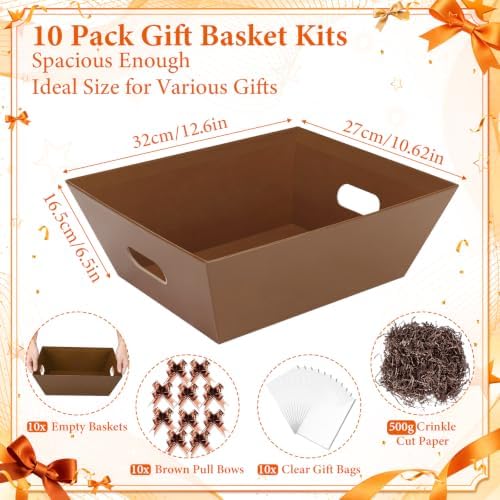 EVELOMO 10 Pack Empty Gift Baskets to Fill - 12" x 10" Large Baskets for Gifts Empty, Sturdy DIY Gifts Baskets Sets with 500g Crinkle Cut Papers for Birthdays Weddings Parties and Holidays (Brown) - Image 3