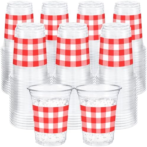 100 Pcs Red Gingham Plastic Cups for Party Decorations, 12 oz by Ferrochef