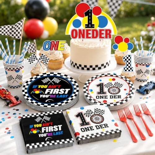 Fast One Birthday Decorations for Boys Racing Car First Birthday Party Supplies Tableware Cars Birthday Paper Plates Napkins Forks Backdrop Balloon Banner Balloon Boxes - Image 4