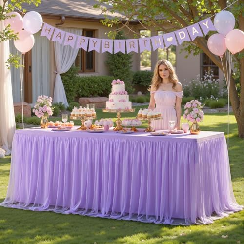 Suppromo 2 Pack 6ft Lavender Tulle Tablecloths for Rectangle Tables 6 Foot Rectangular Table Cloth Wrinkle Free Table Cover with Tutu Skirt for Wedding Baby Shower Birthday Party Banquet Buffet Cake by Suppromo