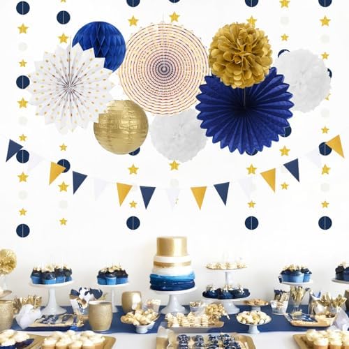 Navy-Blue White Gold Graduation Party-Decorations Fan kit + Paper Garlands Kit - Image 2