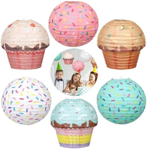 6 Pcs 12-Inch Donut Paper Lanterns For Birthday, Baby Shower, And Anniversary Parties, Cupcake & Ice Cream Themed Decorations by Unknown