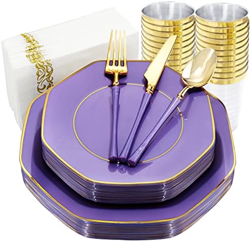 KIRE 140Pcs Purple Plates with Gold Rim - Plastic Plates for Party by KIRE