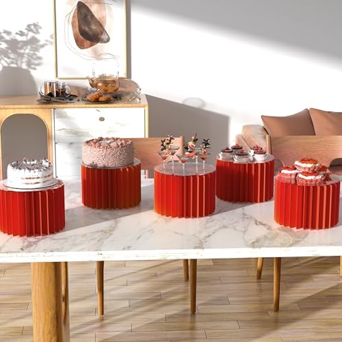 HeiMma 4 Pack Buffet Risers, Foldable Accordion Food Display Risers with Acrylic Disc, Dessert Table Display Set, Cardboard Paper Cupcake Cake Stand for Party Cylinder Stands for Parties Drink Collectibles Jewelry Figures, Multi-height, Red - Image 2