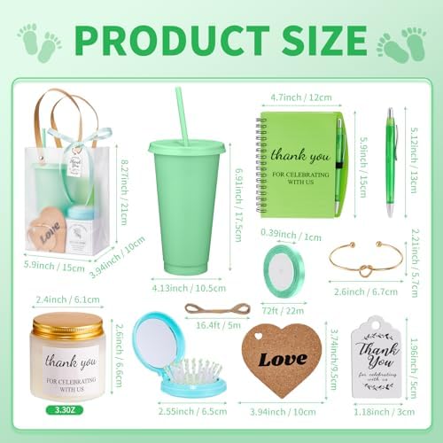 56Pcs Baby Shower Prizes for Game Winners Baby Shower Favors Gifts including Plastic Tumbler Notebook Scented Candles Ballpoint Pen Mirrors with Hair Brushes Bracelet Gift Bag (Green) - Image 3
