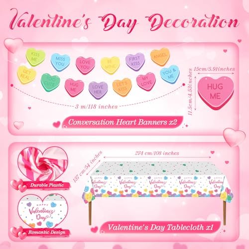 Ziliny 171 Pcs Valentine's Day Party Decorations Serve 24, Conversation Hearts Paper Plates Napkins Cup Banner Tablecloth Cutlery Valentine Galentine Day Anniversary Wedding Baby Shower Party Supplies - Image 5