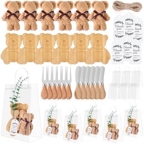6 Sets Baby Shower Prizes for Game Winners Bear Shaped Bamboo Cheese Board with Knives, Towels, Gift Bags & Thank You Cards – 37Pcs Bridal Shower Favors for Guests by JIETING