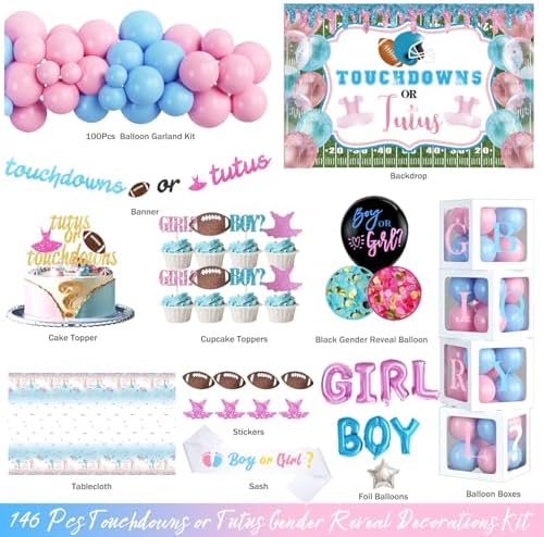 Touchdowns or Tutus Gender Reveal Decorations, Baby Boy or Girl Gender Reveal Decorations, Football Party Decor Backdrop Balloon Banner Tablecloth Cake Cupcake Topper Box Sash Pink Blue - Image 2
